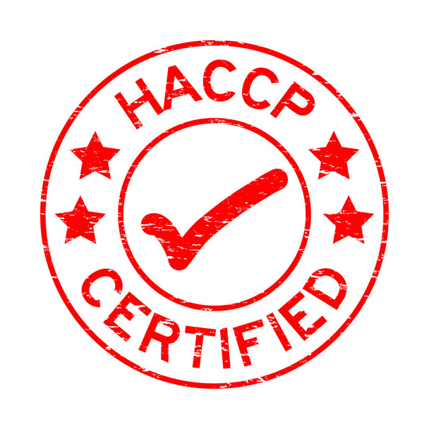 Grunge Red Haccp (Hazard Analysis Critical Control Point) zertifizierter runder Gummistempel auf weißem Hintergrund - Vektor, Bild