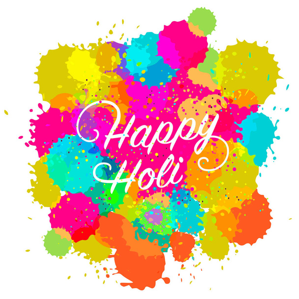 Happy Holi text on colorful background with splashes - Вектор,изображение