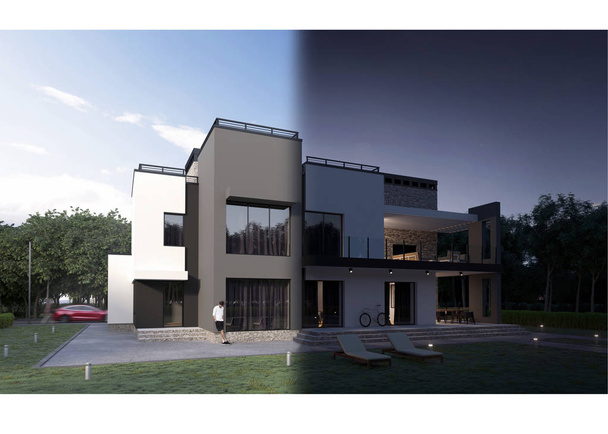 3D-Rendering eines modernen Privathauses, Blick auf den Hinterhof mit Liegestühlen, Auto, Fahrrad, grünem Rasen, Menschen, Terrasse, Kamin und Loungebereich. Transfer vom Tag in die Nacht - Foto, Bild