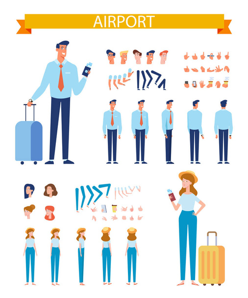 Man and woman travelers with luggage. Front, side, back, 3/4 view characters. Constructor with various views, haistyles, gestures and poses. Cartoon style, flat vector illustration. - Vector, Image