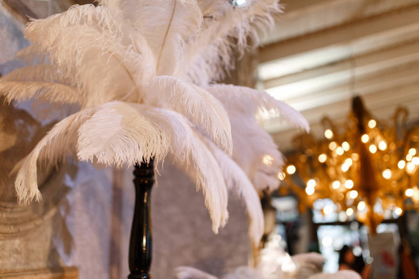Красивое оформление роскошного свадебного банкета в ресторане в стиле ретро. Большой состав белых широких перьев на черном деревянном подставке в винтажном интерьере
 - Фото, изображение