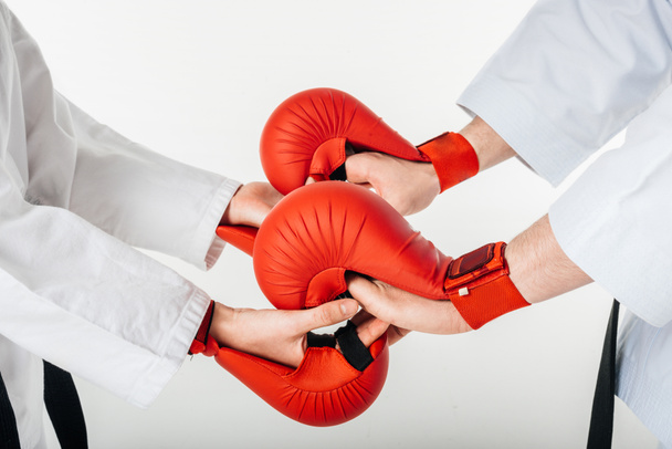 cropped image of karate fighters holding hands in gloves isolated on white - Fotó, kép