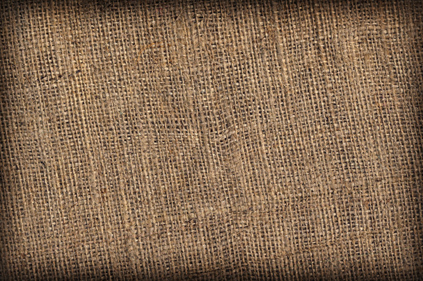 Yüksek çözünürlüklü doğal kahverengi çuval bezi tuval kaba tahıl Vignette arka plan doku - Fotoğraf, Görsel