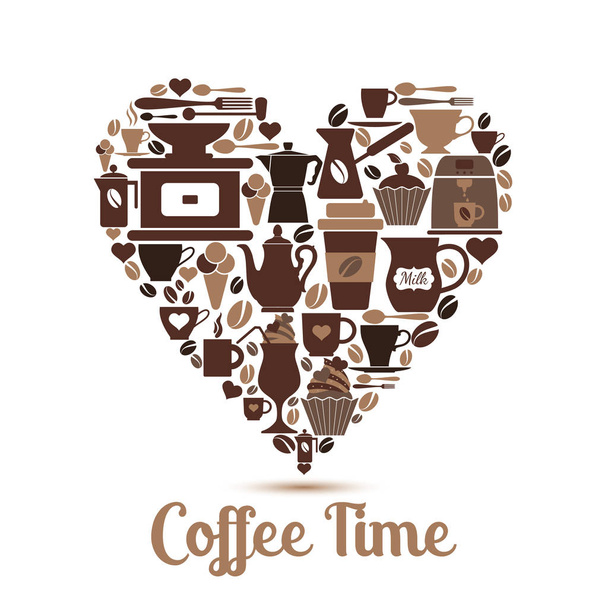 Vector illustration of heart with coffee icons. - Вектор,изображение