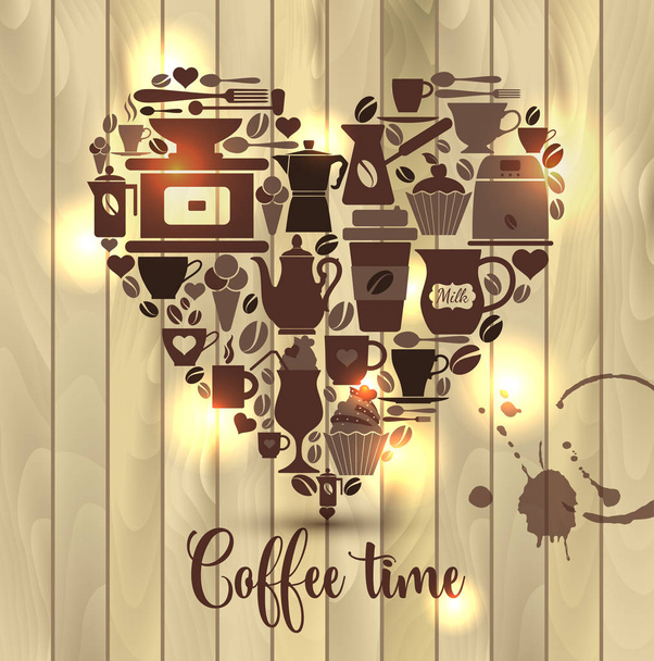 Vector illustration on wooden of heart with coffee icons. - Vector, afbeelding