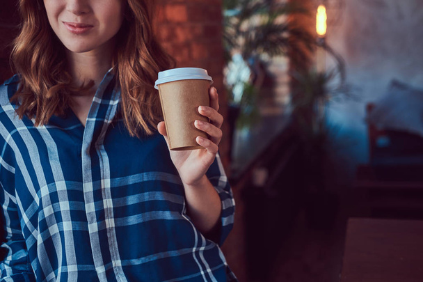 Portrait of a young hipster girl drinks morning coffee - Photo, Image