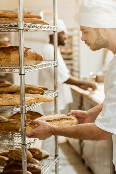 handsome baker putting fresh bread loaf on shelf at baking manufacture - 写真・画像