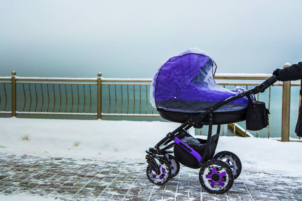 Gelukkig moeder met Baby wandelwagen wandelen in de buurt van de kust en E - Foto, afbeelding