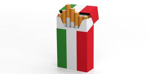 Fumar, cigarrillos Italia. Bandera italiana en una cajetilla aislada sobre fondo blanco. ilustración 3d
 - Foto, Imagen
