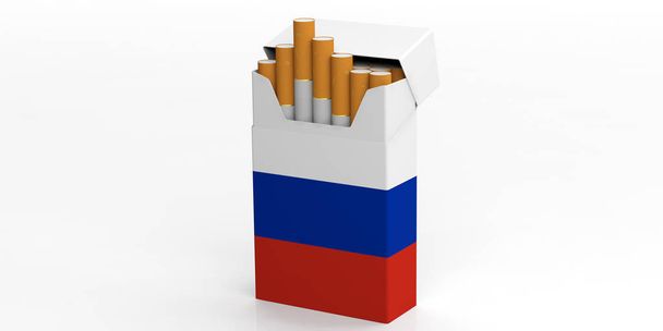 Курение, сигареты Россия. Российский флаг на пачке сигарет изолирован на белом фоне. 3d иллюстрация
 - Фото, изображение