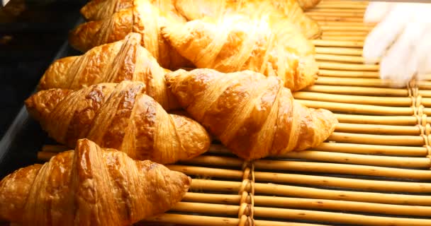 Croissants crujientes franceses productos horneados, panadería casera en exhibición para los clientes, tienda tradicional deliciosa selección de desayuno por la mañana de pasteles
 - Metraje, vídeo
