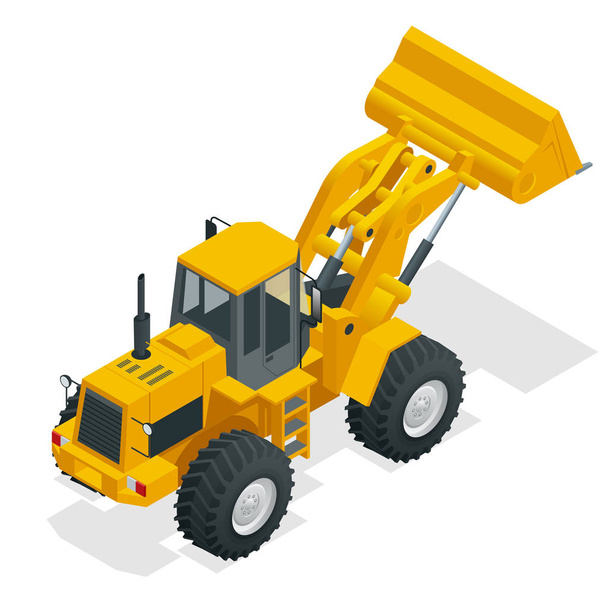 Isometric Vector illustration yellow bulldozer tractor, construction machine, bulldozer isolated on white. Yellow Wheel Loader, Industrial Vehicle. Pneumatic Truck. Manufacturing Equipment - Vector, Image