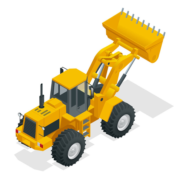 Изометрическая векторная иллюстрация желтый бульдозер трактор, строительная машина, бульдозер изолированы на белом. Желтый колесный погрузчик, промышленный транспорт. Пневматический грузовик. Производственное оборудование
 - Вектор,изображение