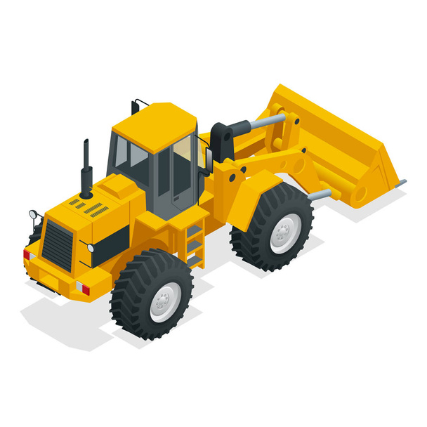 Isometric Vector illustration yellow bulldozer tractor, construction machine, bulldozer isolated on white. Yellow Wheel Loader, Industrial Vehicle. Pneumatic Truck. Manufacturing Equipment - Vector, Image