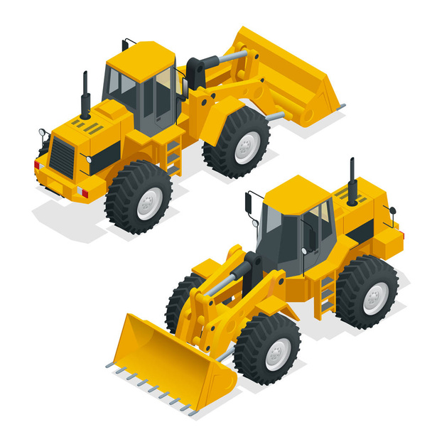 Ilustração vetorial isométrica trator bulldozer amarelo, máquina de construção, bulldozer isolado em branco. Carregador de rodas amarelo, carregador dianteiro. A carregar pá. Máquina de equipamento pesado
. - Vetor, Imagem
