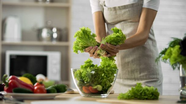 Female preparing green salad, tearing it and putting in glass bowl, calories - Foto, Imagen