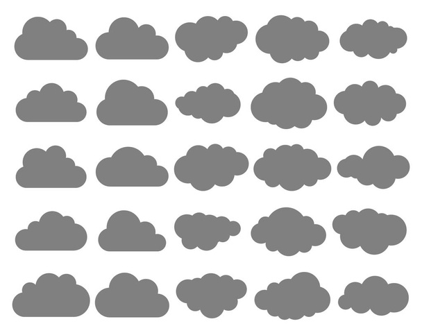 Pilvet siluetteja. Vektorijoukko pilviä muotoja. Kokoelma erilaisia muotoja ja ääriviivat. Sääennusteen, web-käyttöliittymän tai pilvitallennussovellusten suunnitteluelementit - Vektori, kuva
