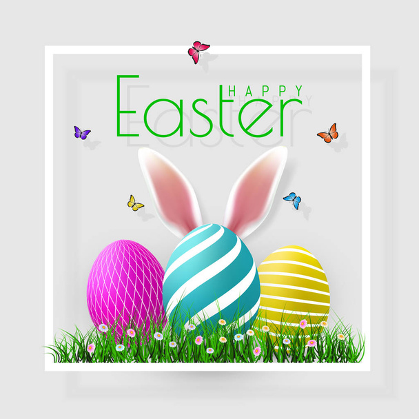 Happy Easter. Vector Easter eggs with grass, butterfly and flowers in frame, isolated on a gray background - Vektor, Bild