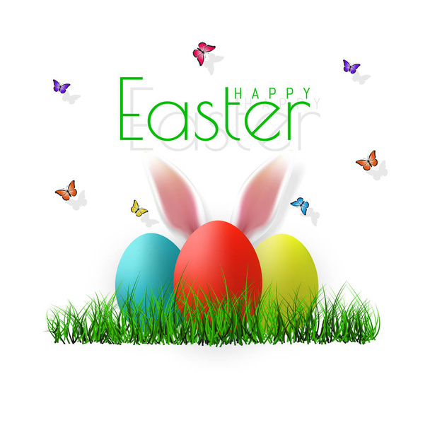 Vector Easter eggs with grass, butterfly and flowers isolated on a white background. Element for celebratory design - Vektor, obrázek