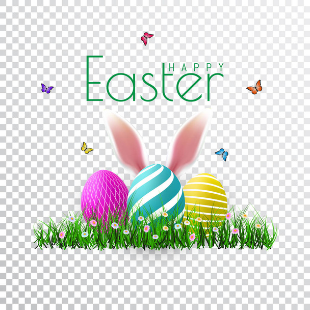 Vector Easter eggs with grass, butterfly and flowers isolated on a transparent background. Element for celebratory design - Vector, Image