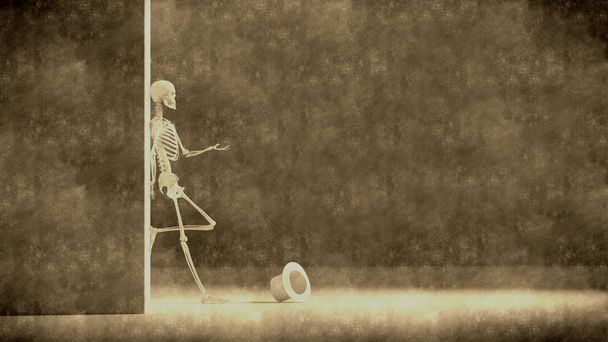 illustrazione simulando vecchia fotografia di scheletro chiedendo carità
 - Foto, immagini