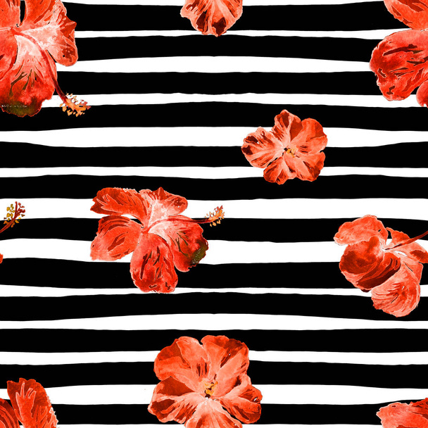 Hibiscus Seamless Pattern with Lines. - Fotoğraf, Görsel