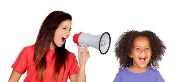 professor gritando através de alto-falante em engraçado menina Africano isolado no fundo branco
 - Foto, Imagem