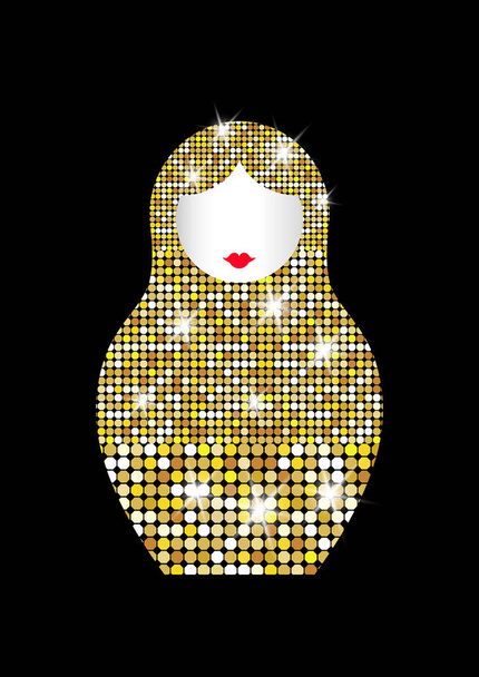 マトリョーシカ アイコン ロシアの入れ子人形高級黄金飾り、ファッション ゴールドの光沢のあるモザイク パターンとベクトル イラスト、分離または黒の背景 - ベクター画像