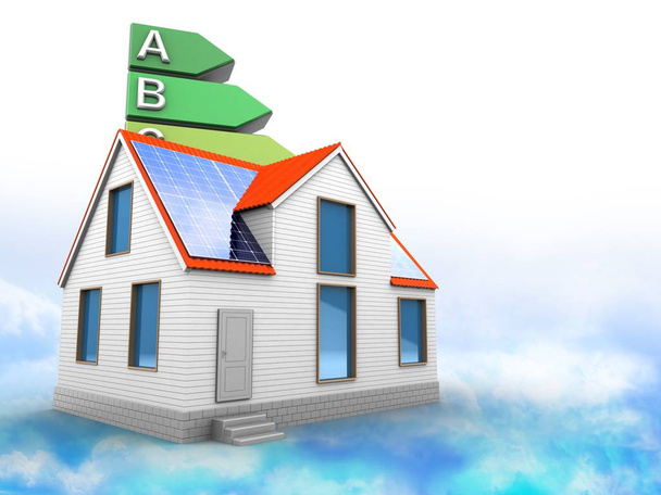 ilustração 3d de energia classificação sobre nuvens fundo com casa moderna
 - Foto, Imagem