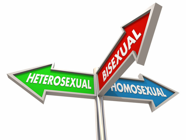 Ετεροφυλόφιλους, Ομοφυλόφιλος, Αμφιφυλόφιλος, 3 τρόπο οδικές πινακίδες, 3d απεικόνιση - Φωτογραφία, εικόνα