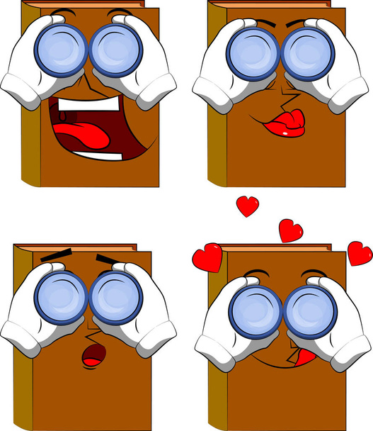 Books looking through binoculars. Cartoon book collection with various faces. Expressions vector set. - Vector, Image