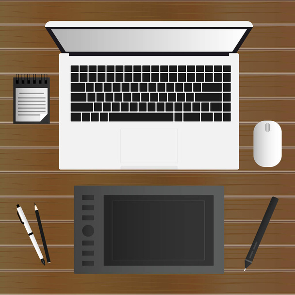 Workplace vector. Laptop, graphic tablet. Wooden table. Business background. - Vector, Image