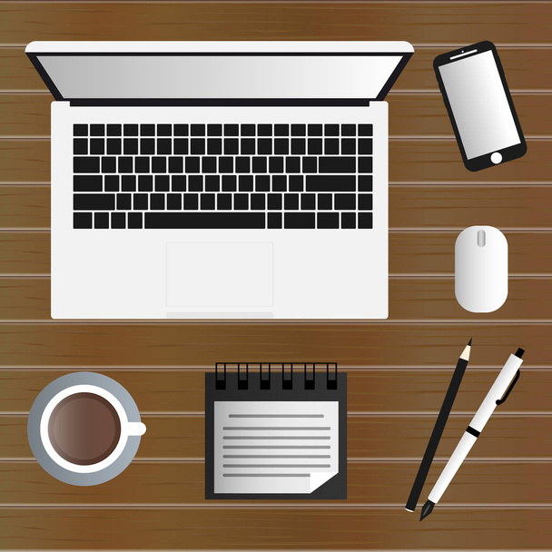 Workplace vector. Pens, cup of coffee, graphic tablet. Wooden table. Business background. - Vector, Image