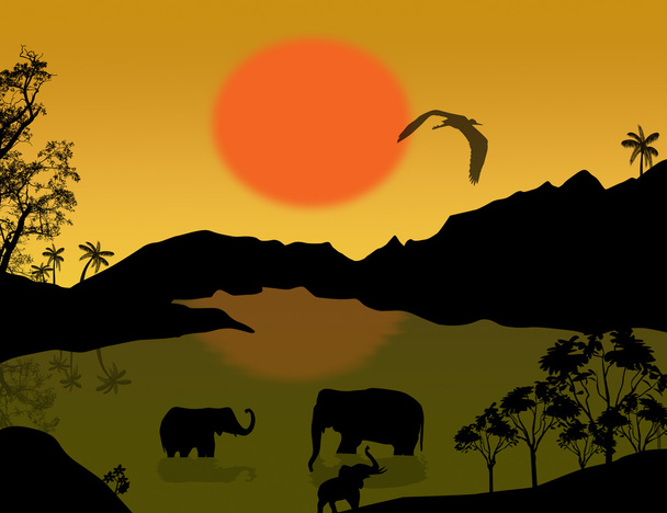 Красивый пейзаж со слонами
 - Вектор,изображение