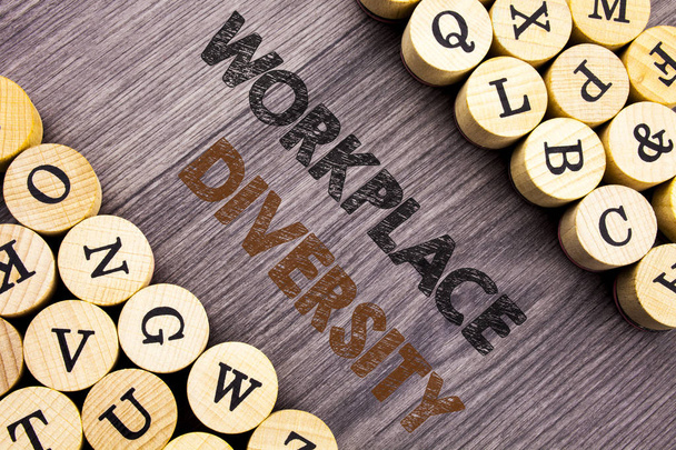 Conceptual hand writing text showing Workplace Diversity. Concept meaning Corporate Culture Global Concept For Disability written on wooden abckground with letters - Photo, Image