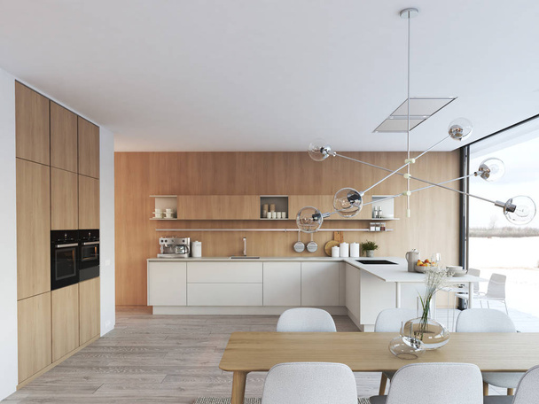 modern nordic kitchen in loft apartment. 3D rendering - Фото, изображение