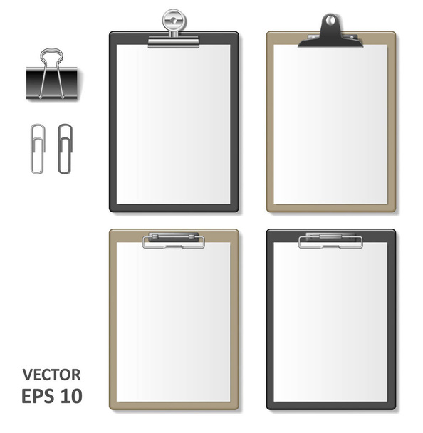 Set of Realistic clipboards with blank white paper sheet. Notepad information board Template for corporate identity. Black and brown wooden Clipboard. vector illustration - Vector, Image