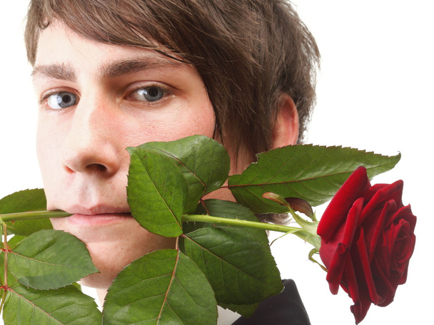 Young man, flower, red rose isolated - Foto, imagen