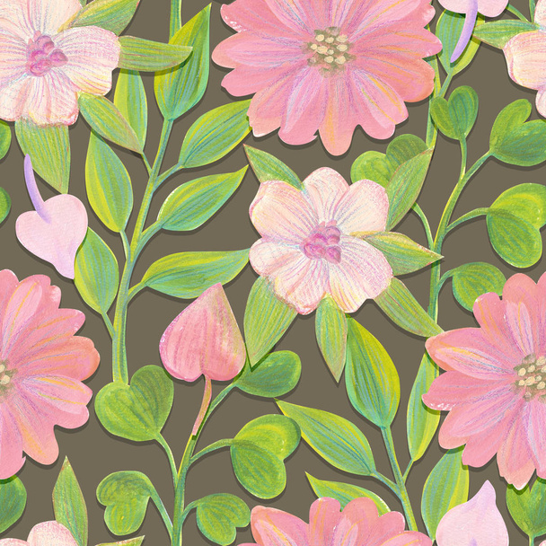 Gouache painted flowers and leaves Bright seamless pattern - Foto, immagini