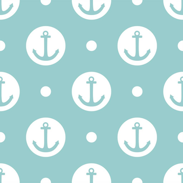 Tile sailor vector pattern with white anchor and polka dots on pastel background - Vector, imagen