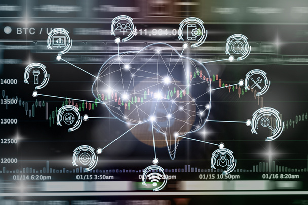 polygonale Gehirnform einer künstlichen Intelligenz mit verschiedenen Ikonen der Smart City Internet der Dinge Technologie über Kryptowährung Bitcoin Exchange Trading Screen, ai und Business iot Konzept - Foto, Bild
