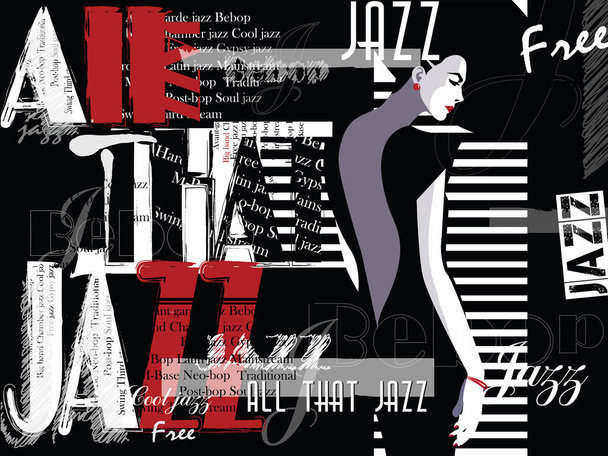 Jazz music, poster background template. Front view portrait of woman face - Vector, Image