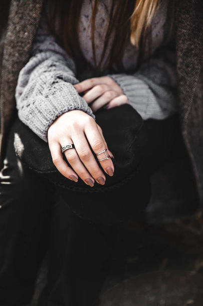 Close up of beautiful polished. Fingers are decorated with ring. - 写真・画像