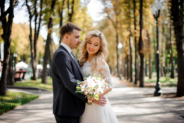 Portrait of a bridegroom embracing a blonde bride in the park - Fotografie, Obrázek