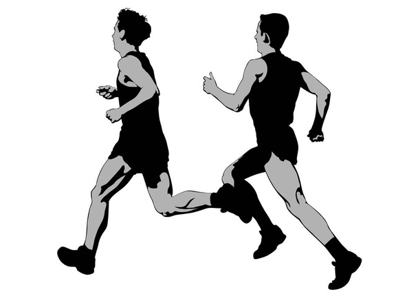 Спортсмены в спортивной форме бегут марафон на белом фоне
 - Вектор,изображение