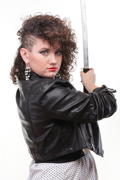 piercing woman curly girl and sword - Valokuva, kuva
