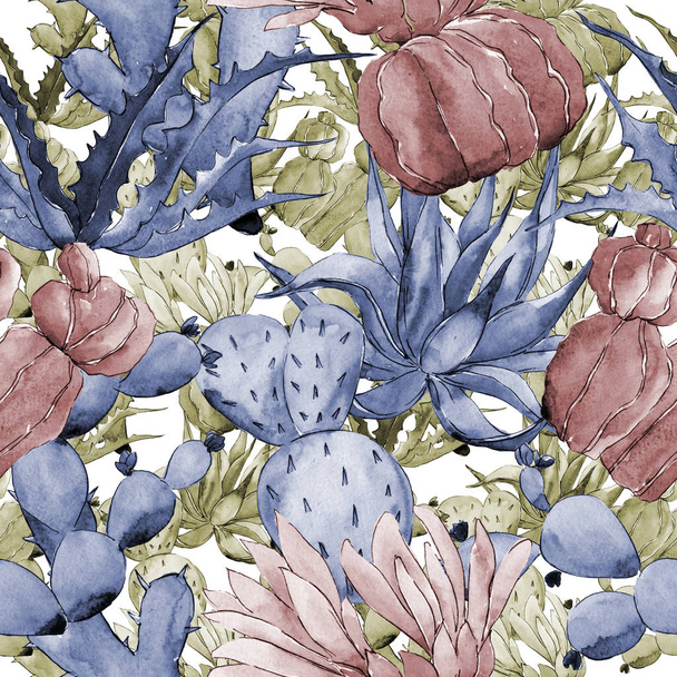 水彩画のワイルドフラワー サボテンの花のパターン. - 写真・画像