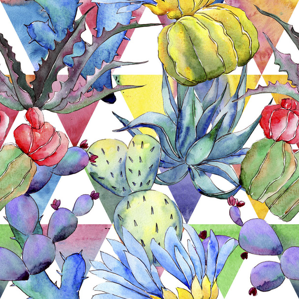 Wildflower cactus flower pattern in a watercolor style. - Fotoğraf, Görsel