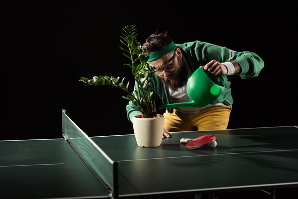bearded tennis player watering flower in pot on tennis table isolated on black - Photo, Image