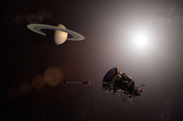 Renderização 3D de uma nave espacial não tripulada se aproximando do planeta Saturno
 - Foto, Imagem
